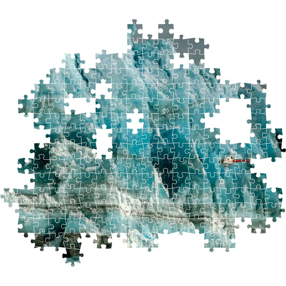 A puzzle depicts a glacier landscape with a small red and white aircraft.
