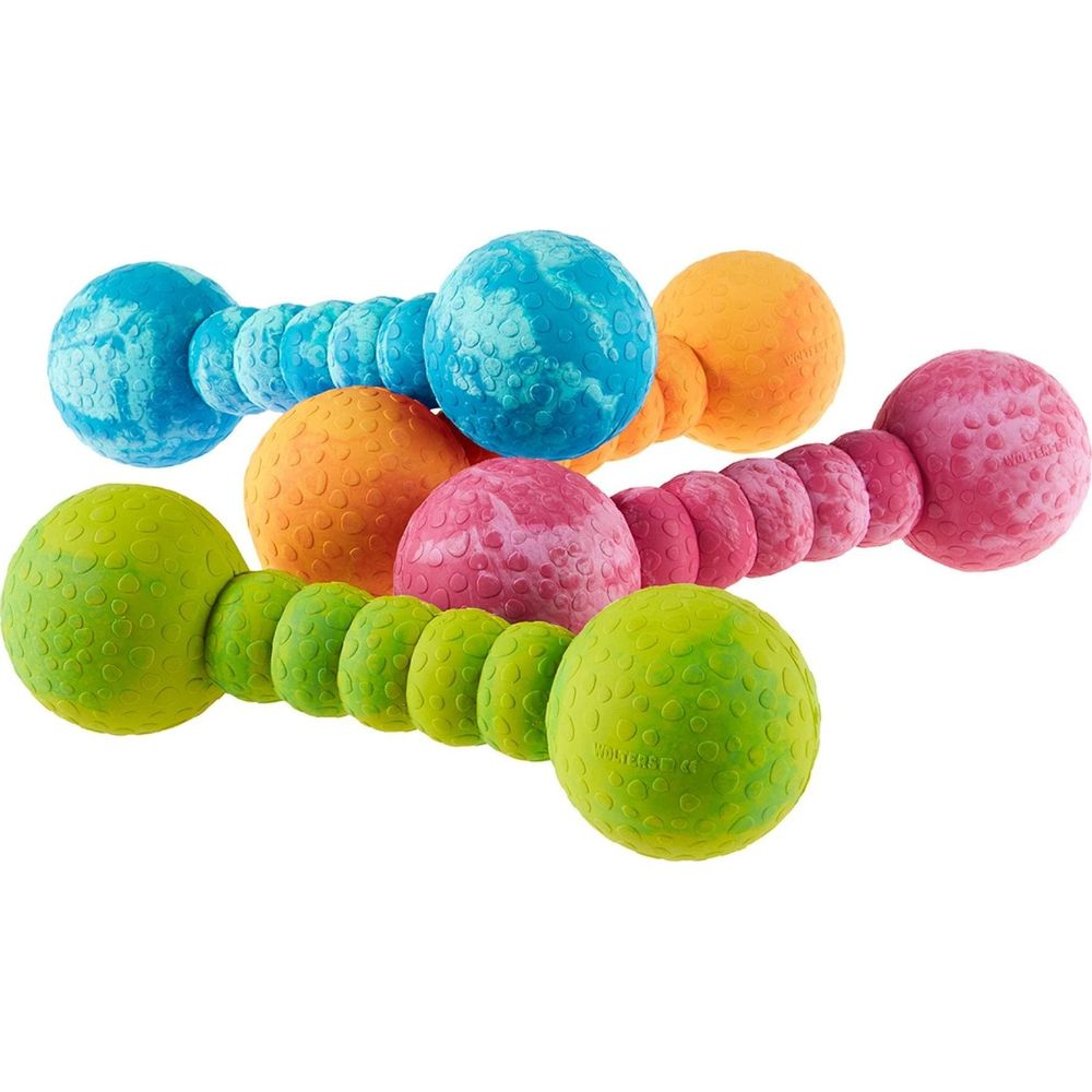 Drei Hundespielzeuge in den Farben Grün, Orange, Pink und Blau. Sie sind als Hanteln gestaltet.