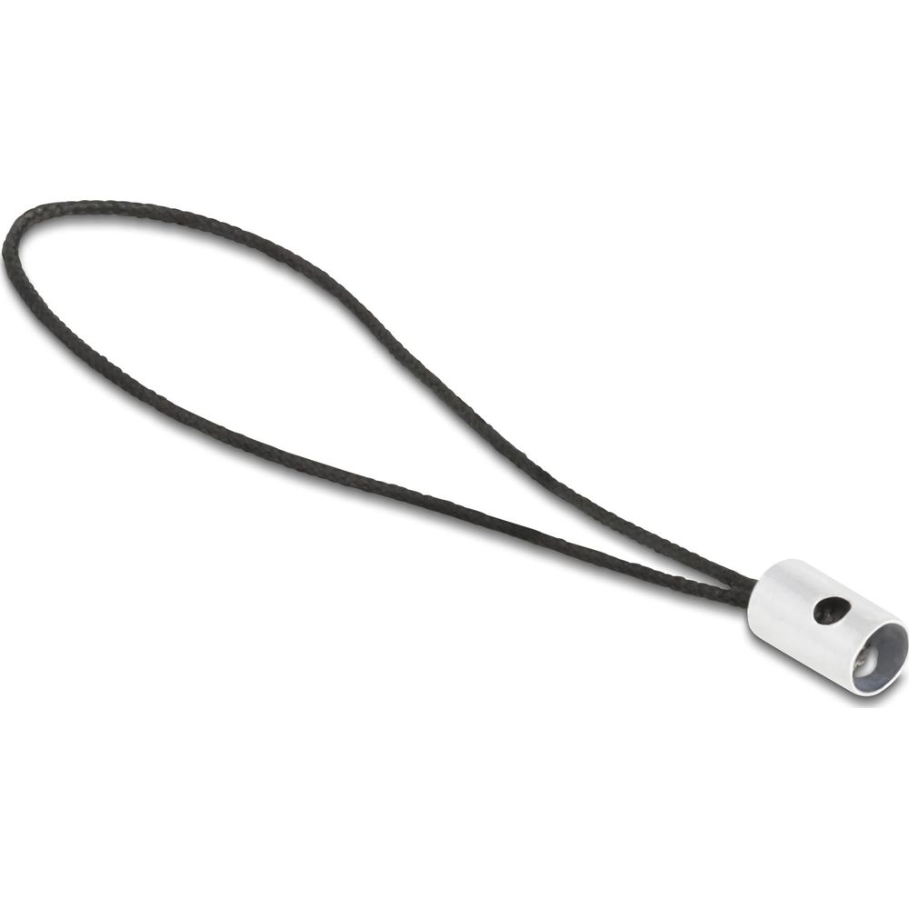 Srebrny cylinder z dwoma otworami i czarnym sznurkiem na białym tle.