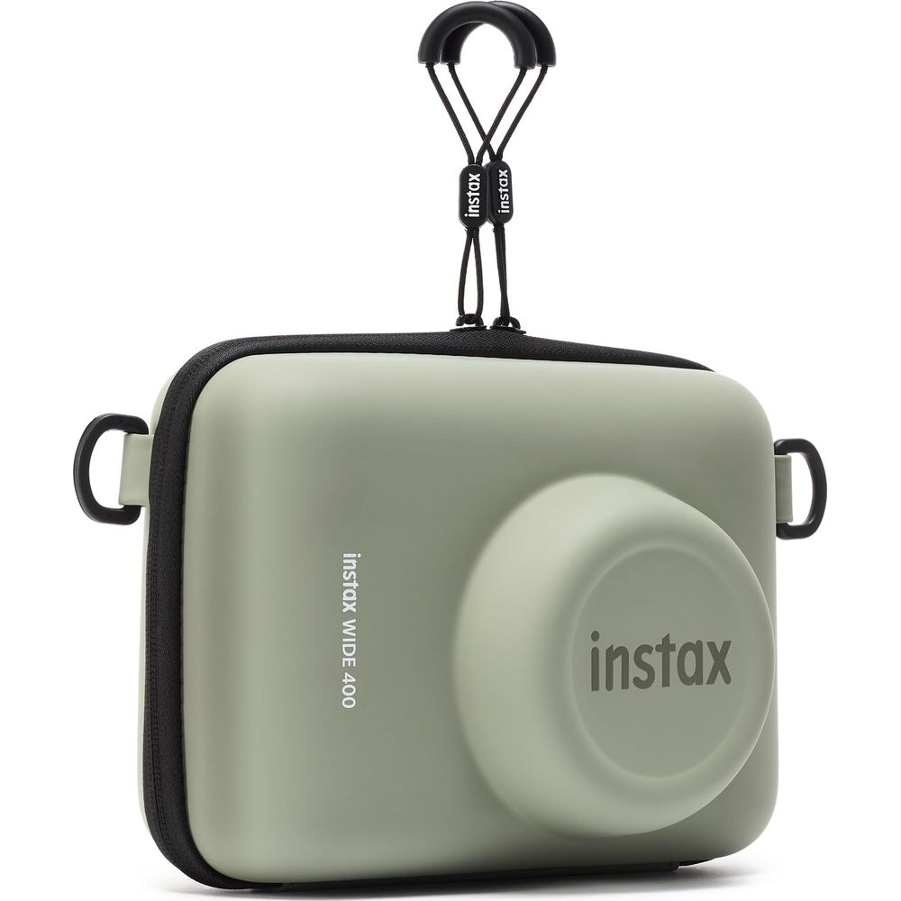Zielona torba na aparat Instax Wide 400 z uchwytem i logo.