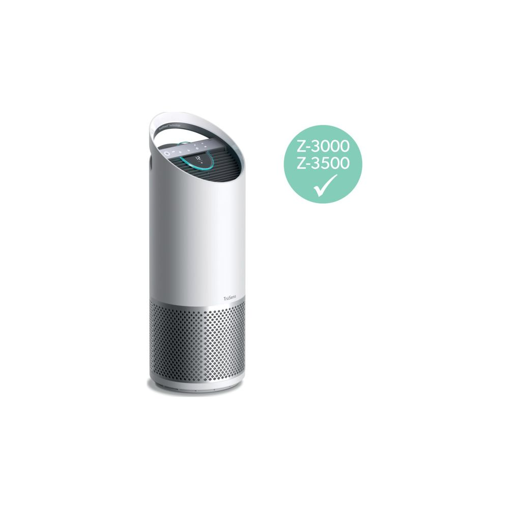 Biały oczyszczacz powietrza z srebrną podstawą i cyfrowym wyświetlaczem. Tekst Z-3000 Z-3500.