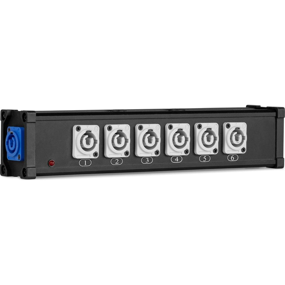 Carcasa negra con seis conectores XLR blancos, numerados 1-6, y un conector azul.