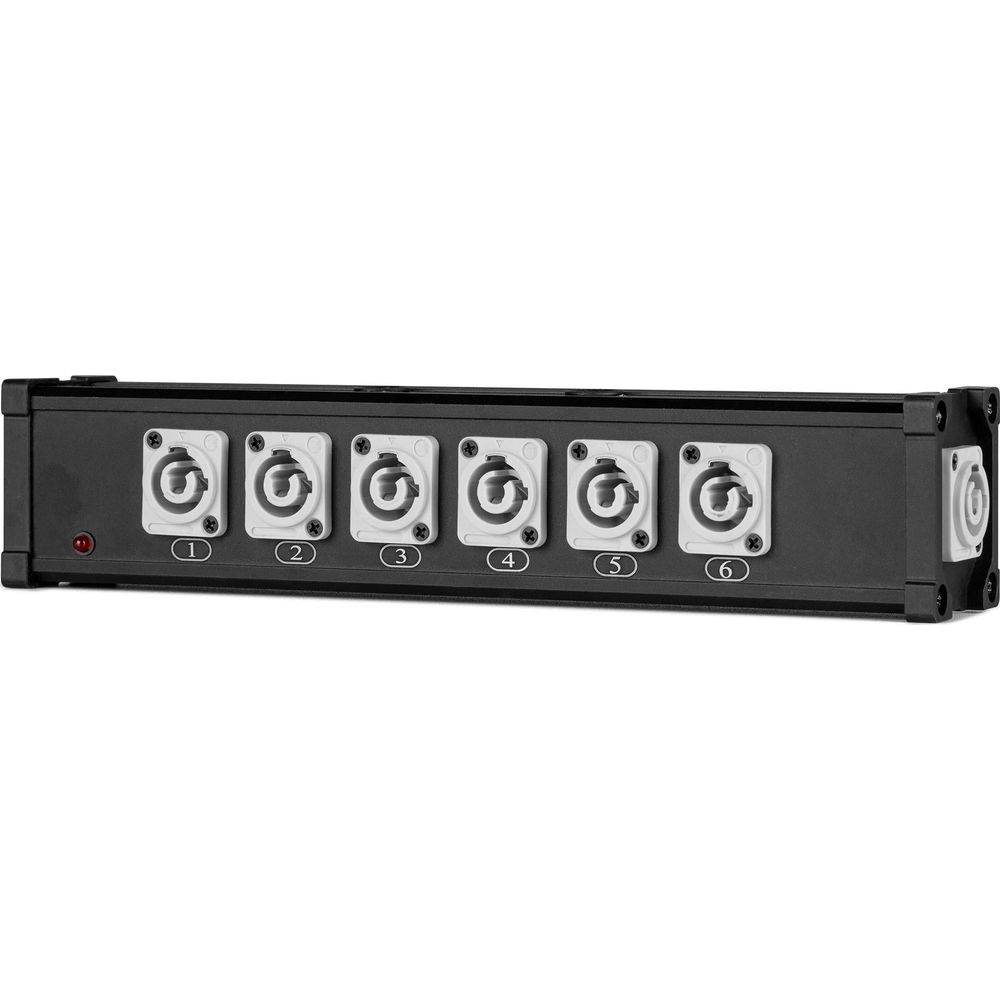 Un dispositivo negro con seis tomas XLR numeradas y un indicador LED rojo.