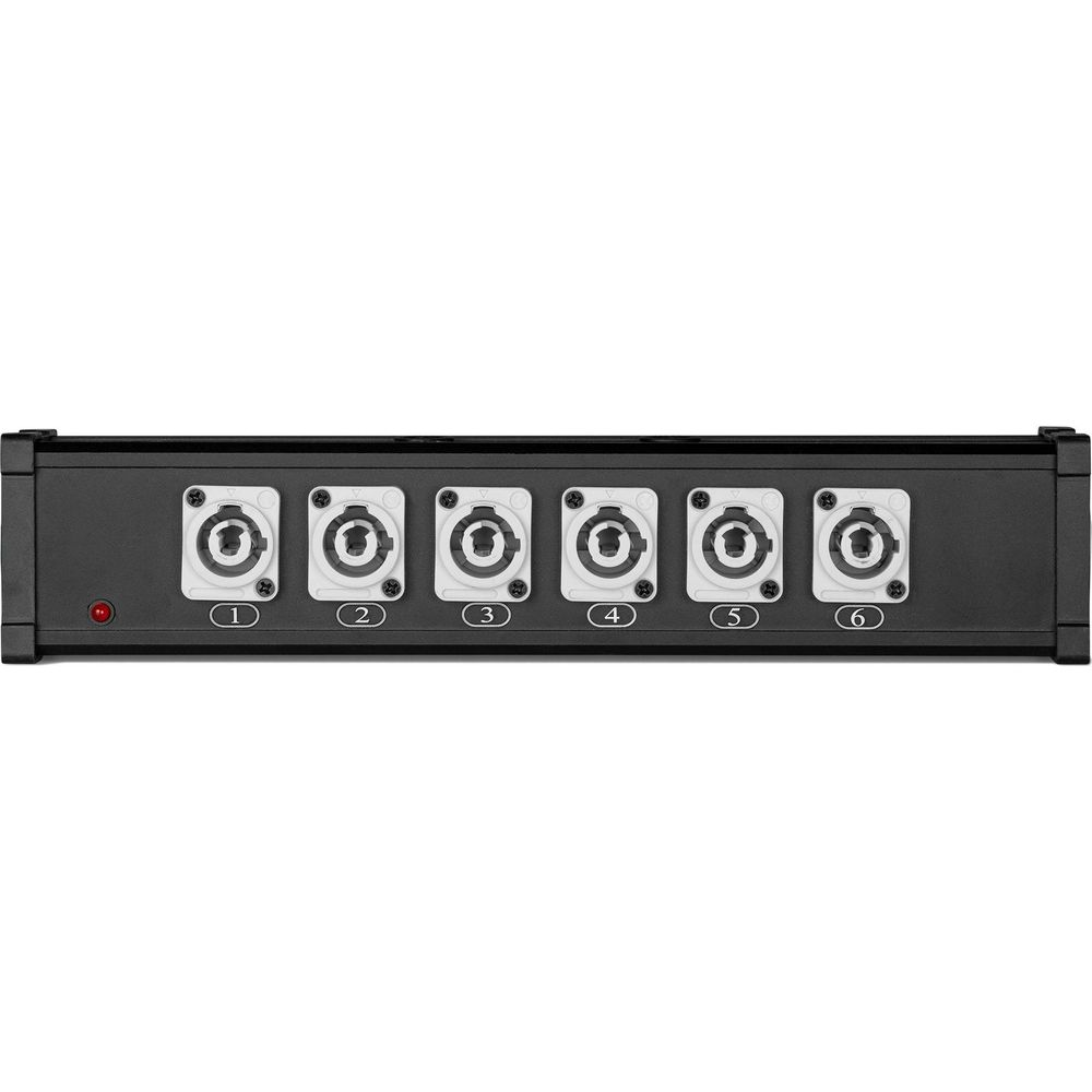 Carcasa negra con seis conectores XLR numerados y un LED rojo.