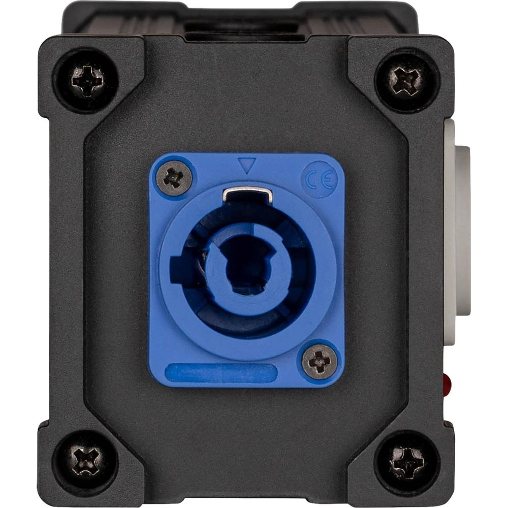 Carcasa negra con conector azul y marca CE.