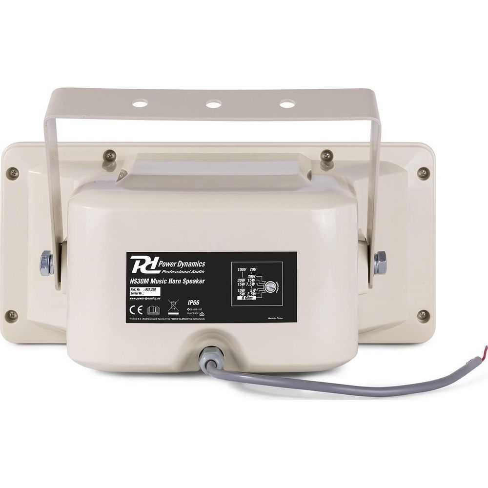 Altavoz de bocina beige Power Dynamics con soporte y cable.