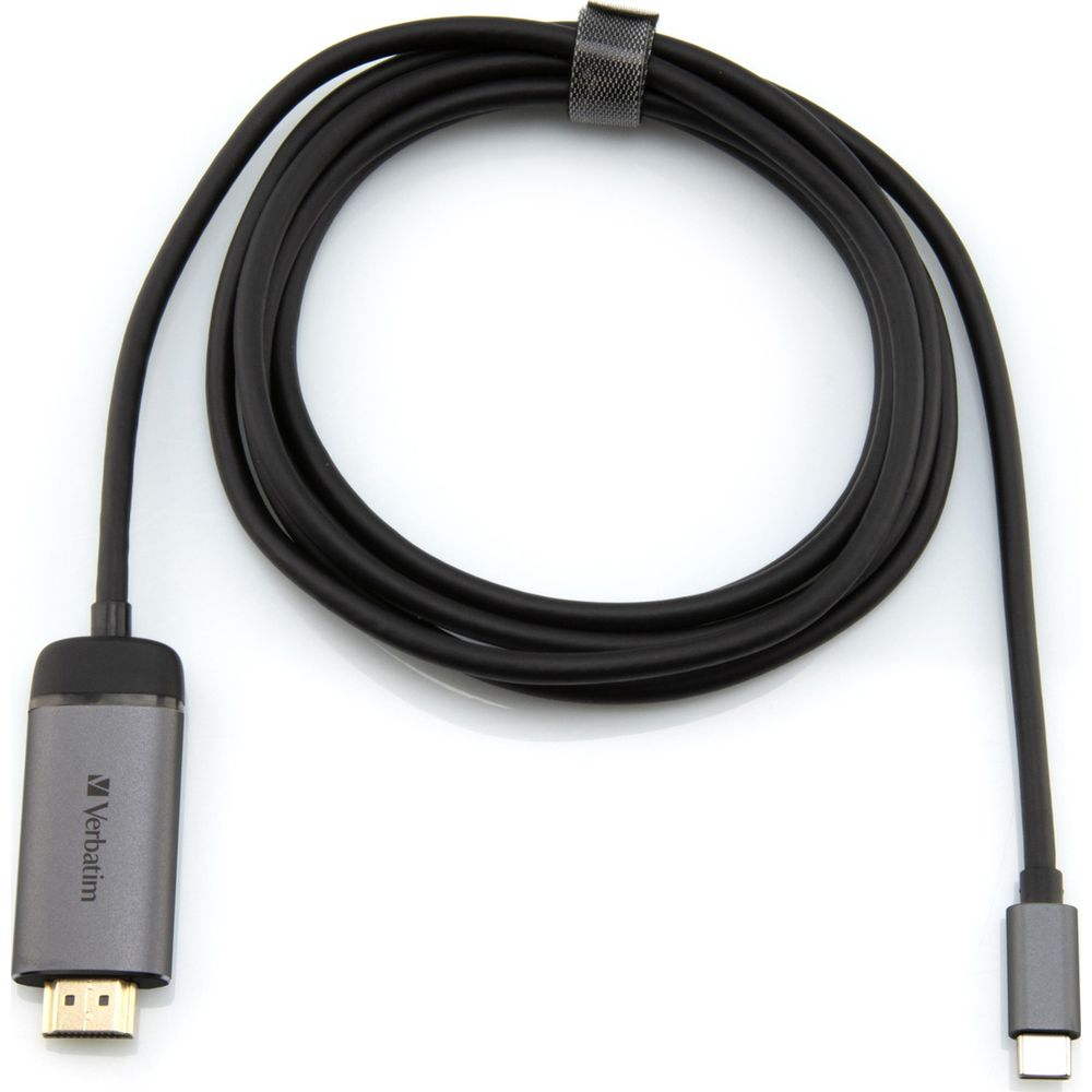 Cable USB-C a HDMI negro con logo Verbatim, sobre fondo blanco.