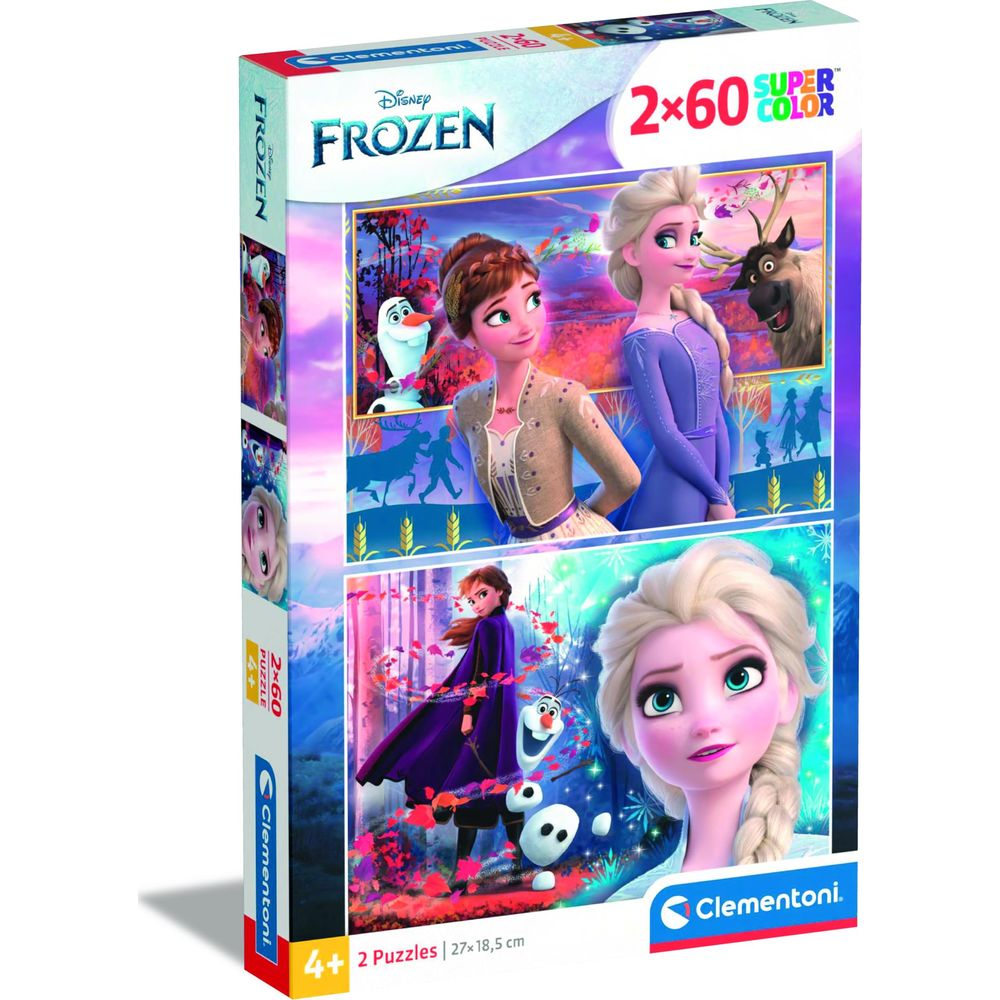 Pudełko z puzzlami Frozen: Anna, Elsa, Olaf i Sven w kolorowych scenach.