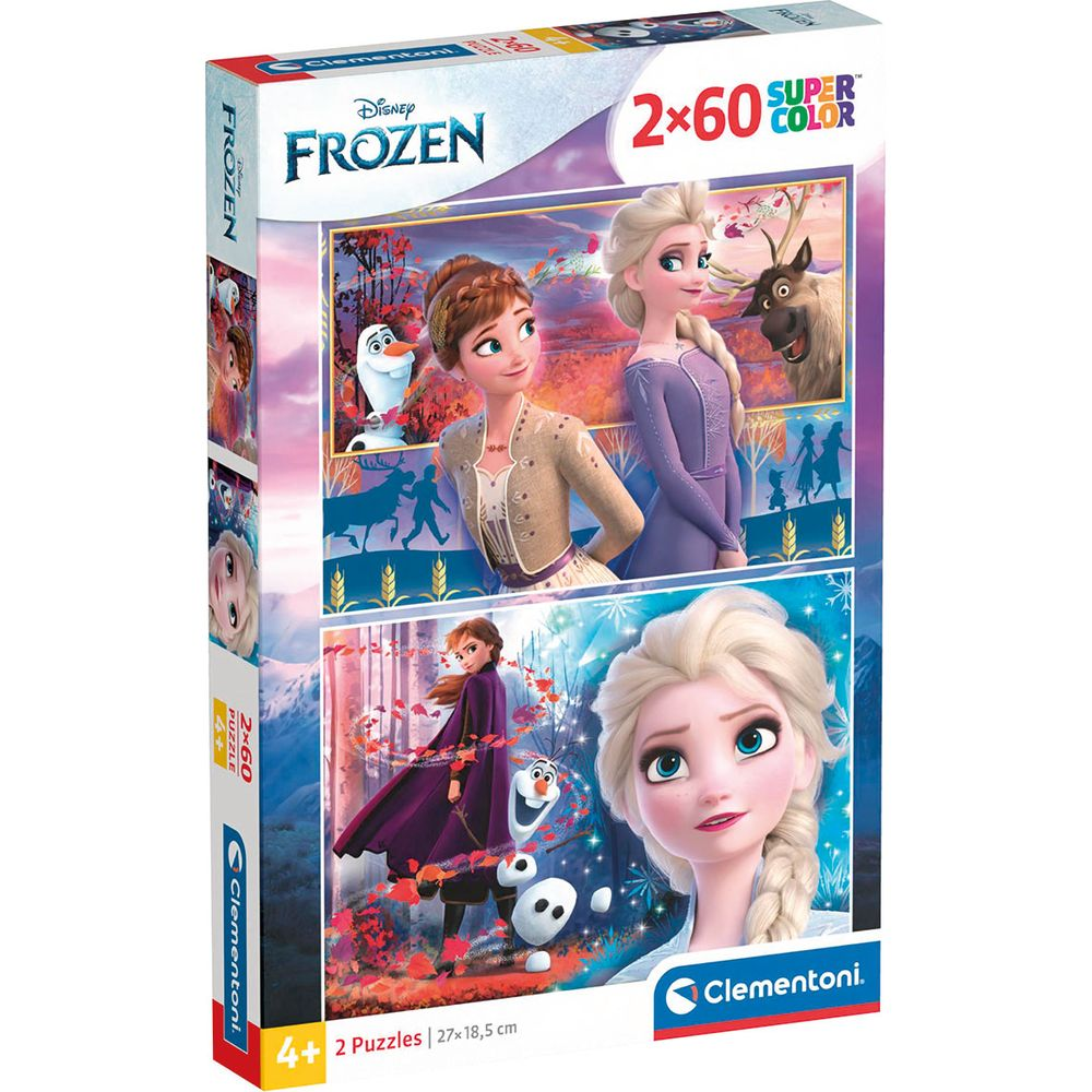 Pudełko puzzli Kraina Lodu z Anną, Elsą, Olafem i Svenem na tle gór.