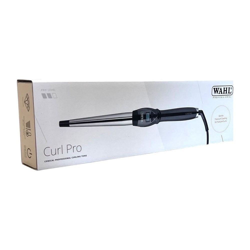 Wahl Curl Pro Haarglätter in Verpackung, mit schwarzem Griff und konischem Stab.