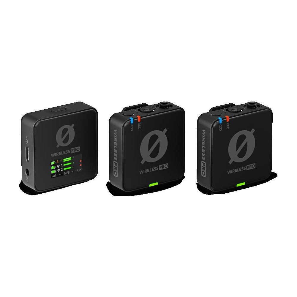 Drei schwarze Wireless Pro Sender mit Logo und Anzeigen.