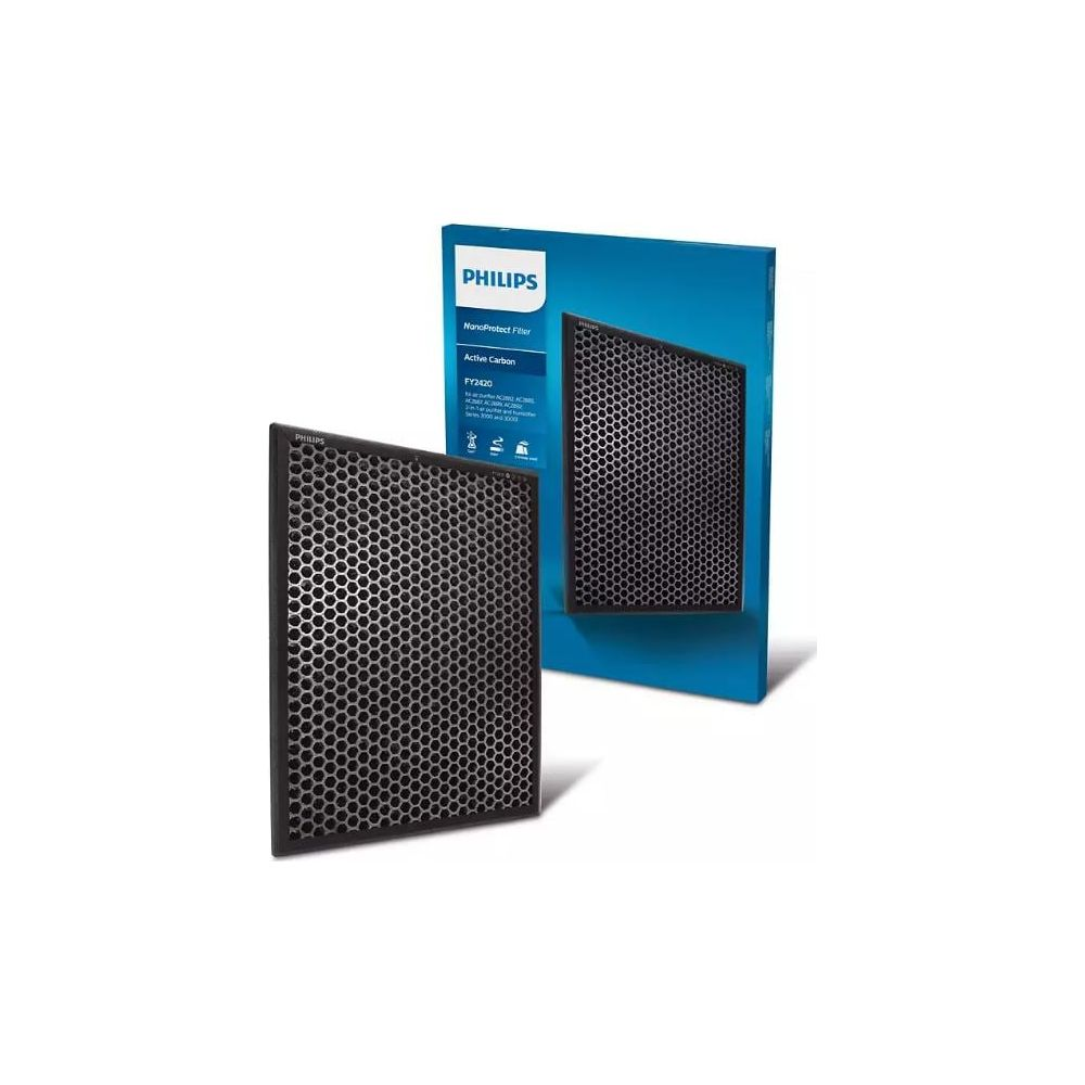 Ein Philips NanoProtect Aktivkohlefilter FY2420 auf weißem Hintergrund.