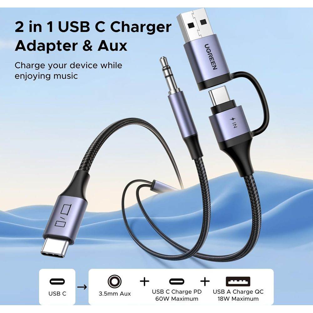 Ładowarka UGREEN 2 w 1 USB-C z portem Aux 3,5 mm i portem USB-A.