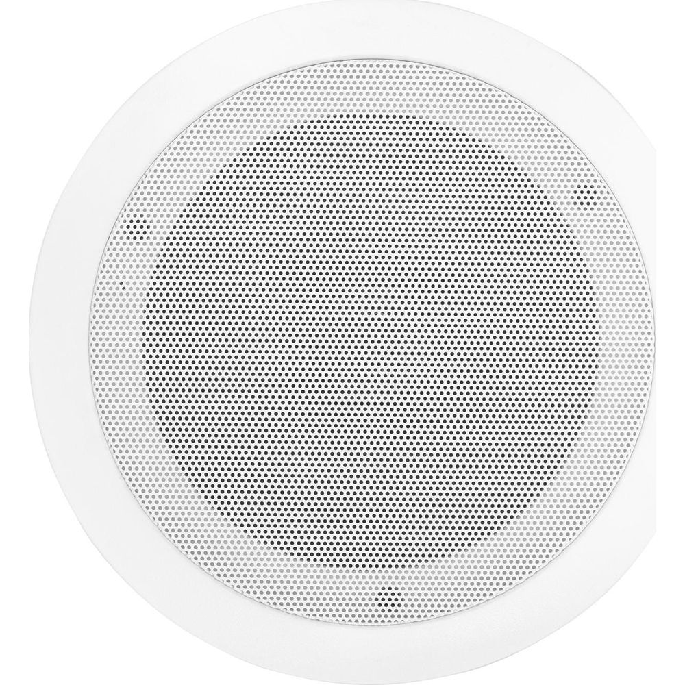 Altavoz redondo blanco de techo con rejilla perforada.