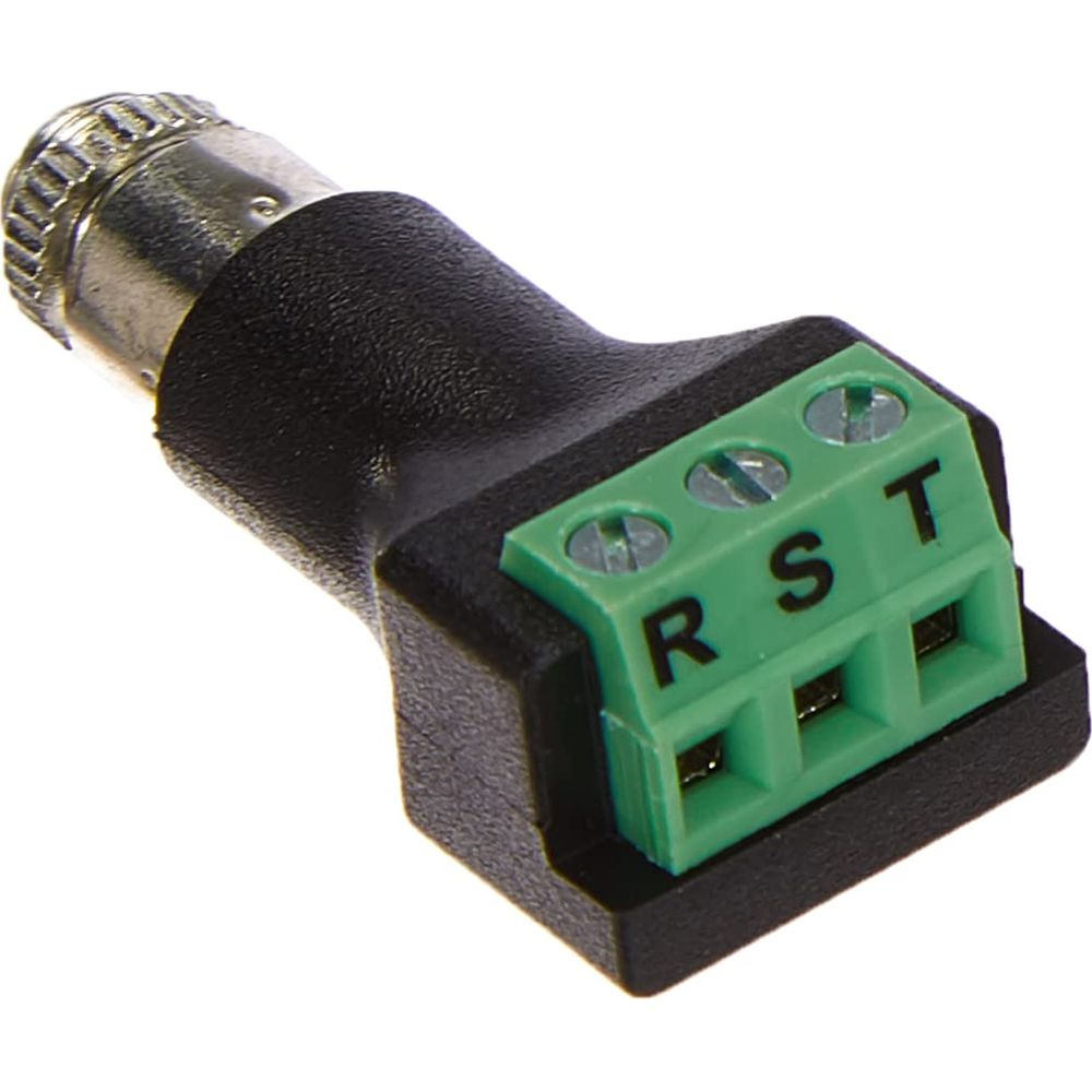 Adattatore nero con connettore argentato e terminali verdi R, S, T.