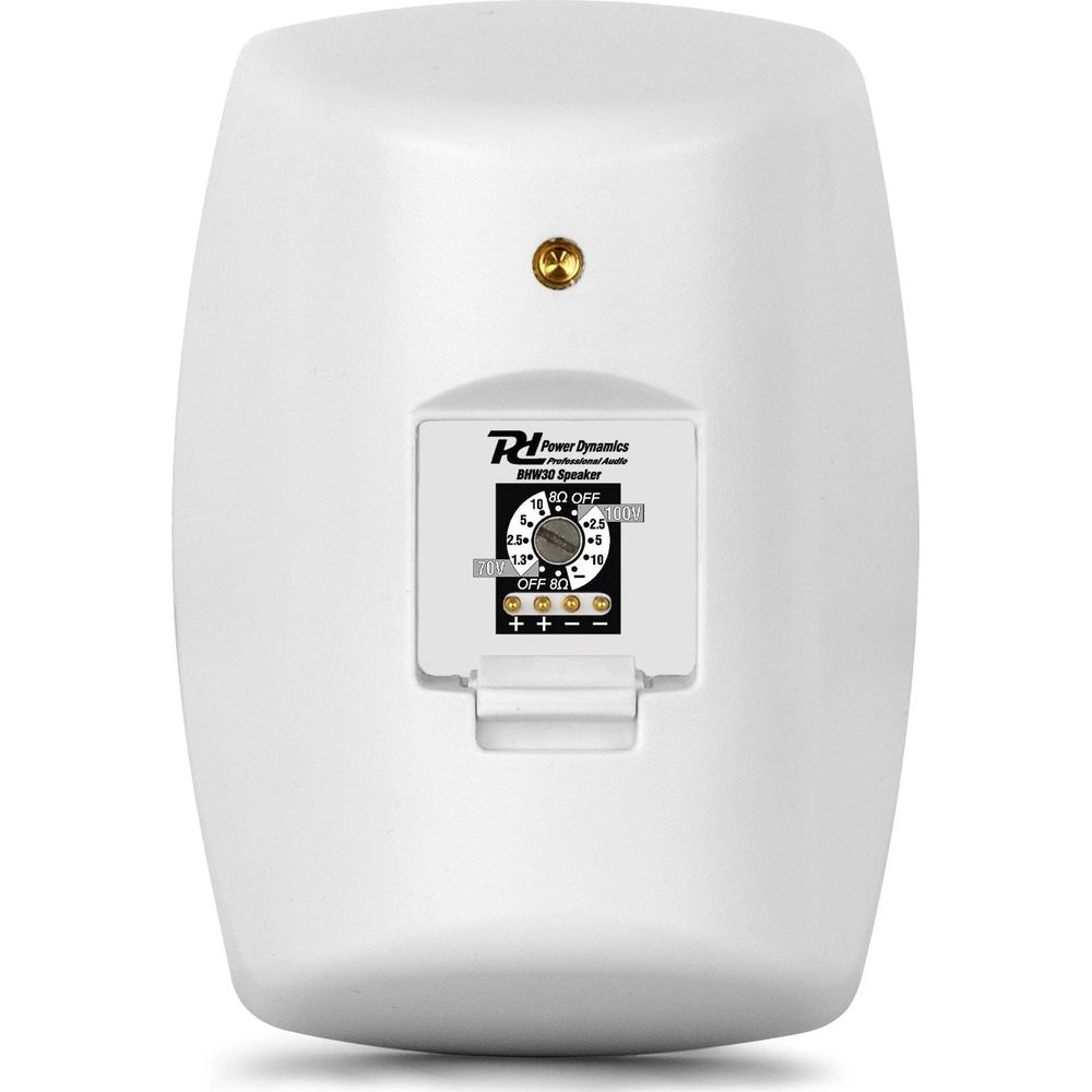 Reverso blanco de altavoz con dial de control y logo.