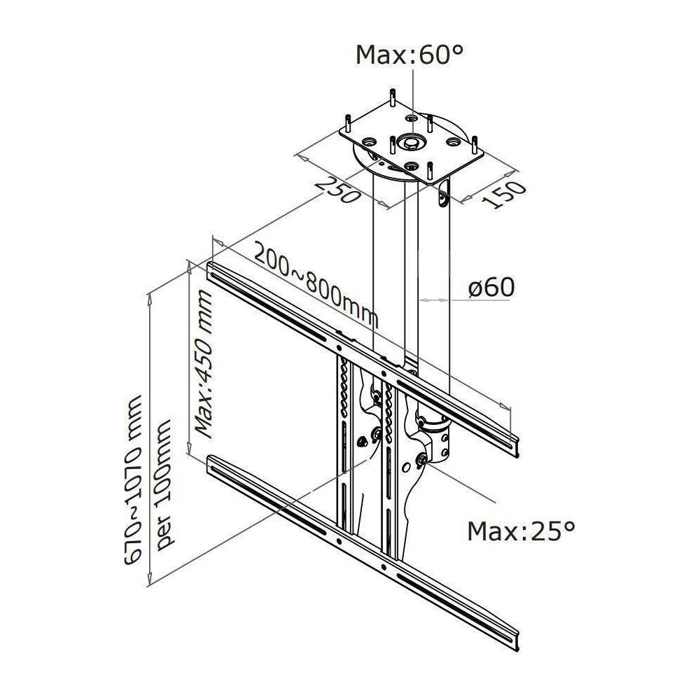 Technical drawing of a retractable ceiling mount with dimensions.