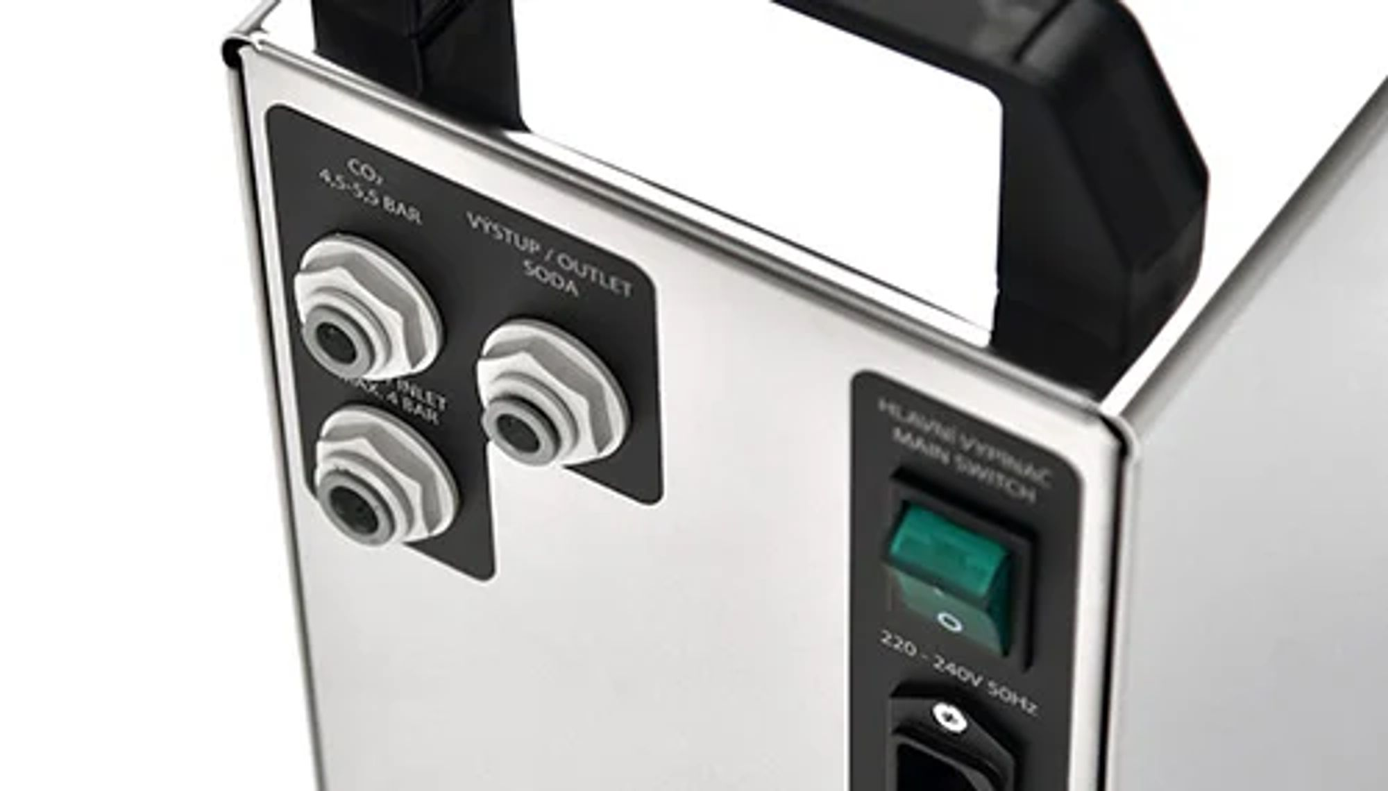 Stainless steel device with green main switch and soda connections.