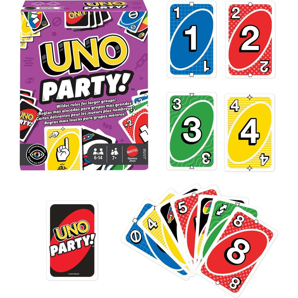 Boîte du jeu de cartes UNO Party avec cartes numérotées 1, 2, 3, 4 et sélection.