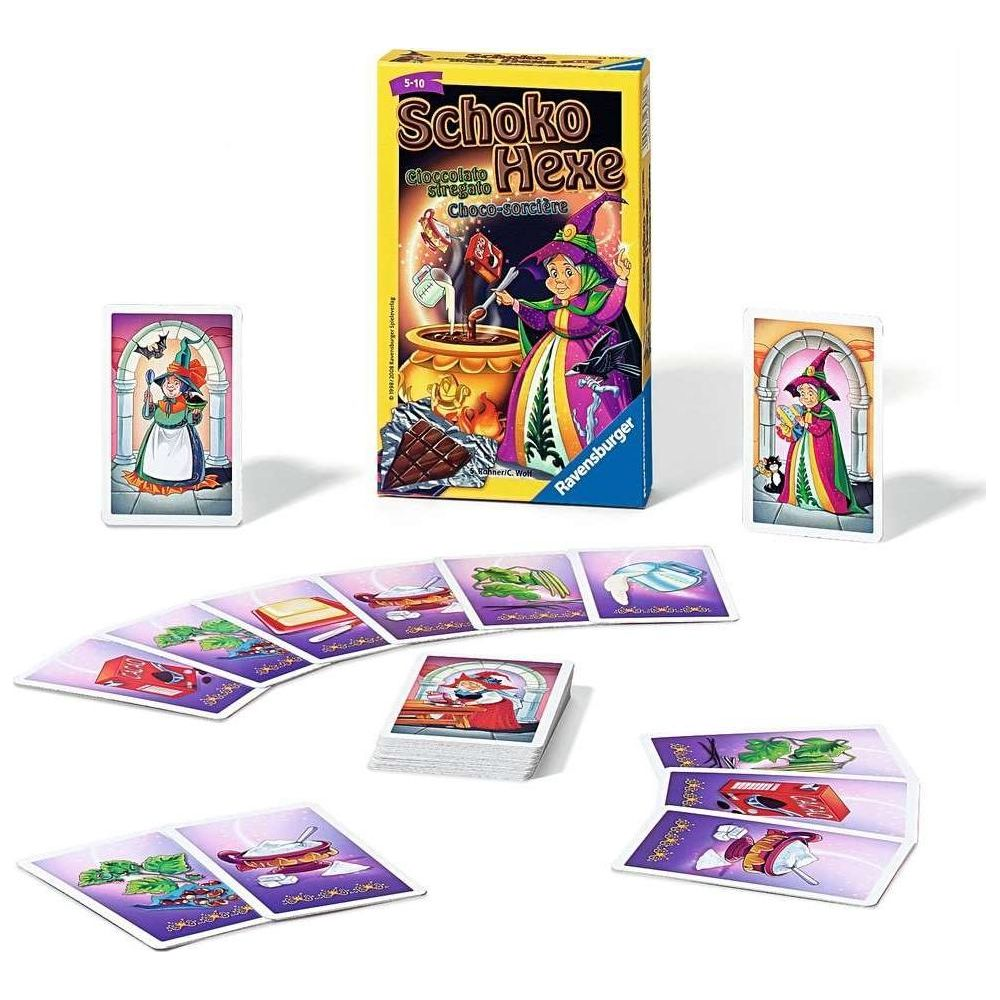 Brettspiel 'Schoko Hexe' mit Karten und Spielbox auf weißem Hintergrund.