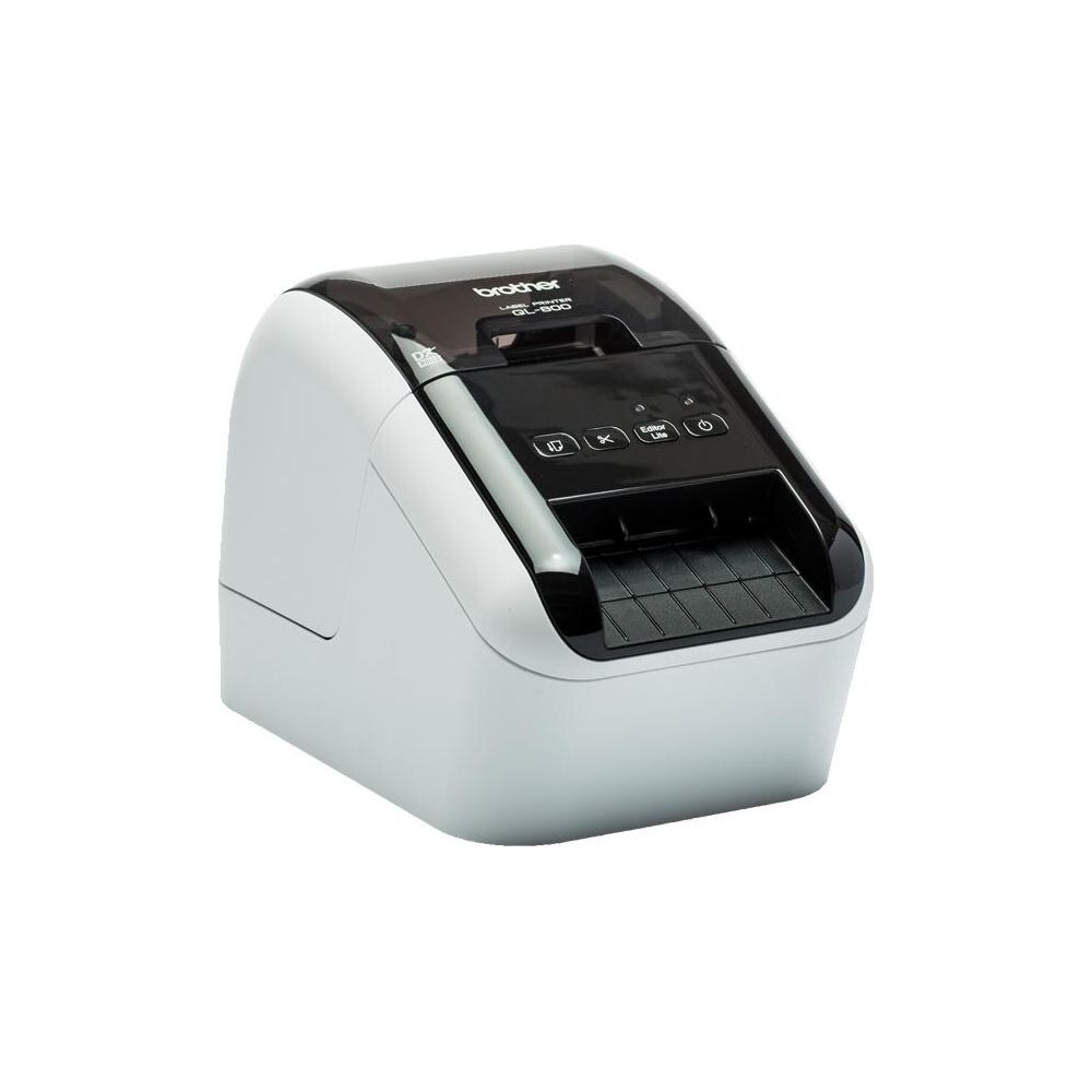 Biała i czarna drukarka etykiet Brother z przyciskami na górze.