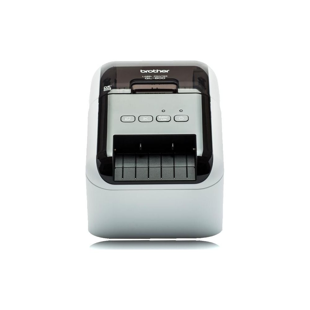 Biała drukarka etykiet Brother z czarną górą i przyciskami sterującymi.