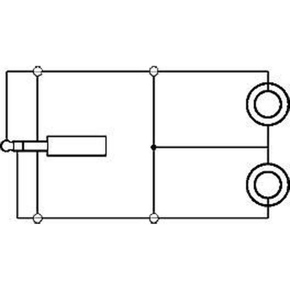 Schema van een 3,5 mm jackplug die splitst in twee stopcontacten.