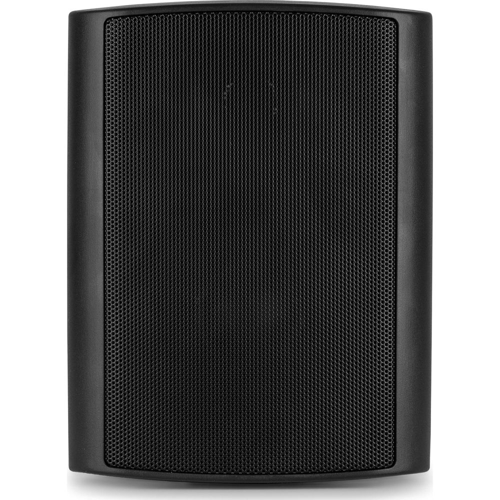Altavoz negro con rejilla de malla fina en la parte delantera.