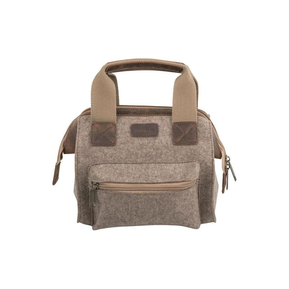 Borsa grigia in feltro con dettagli in pelle marrone e tasca.
