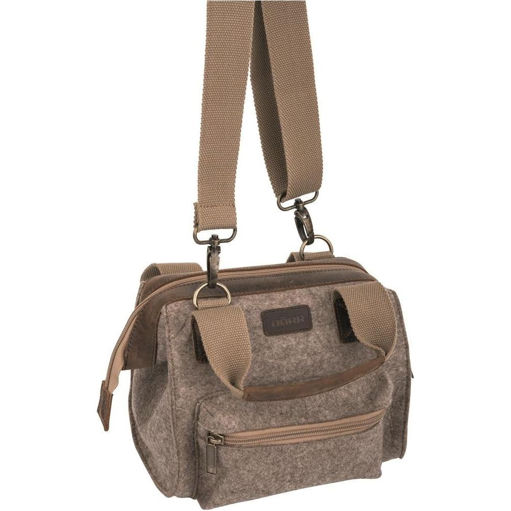 Borsa grigia in feltro con dettagli in pelle marrone e tracolla.
