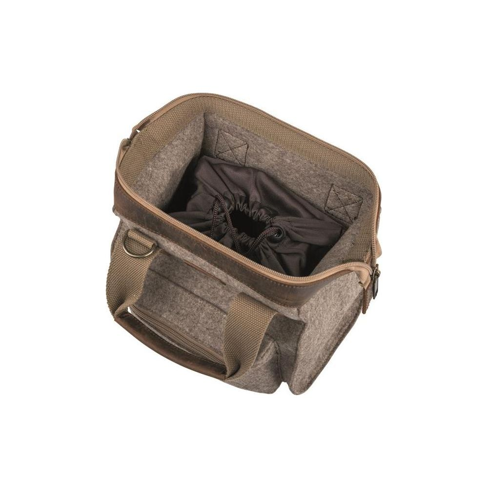 Borsa in feltro grigio con dettagli in pelle marrone e manico in tessuto, con sacca interna.