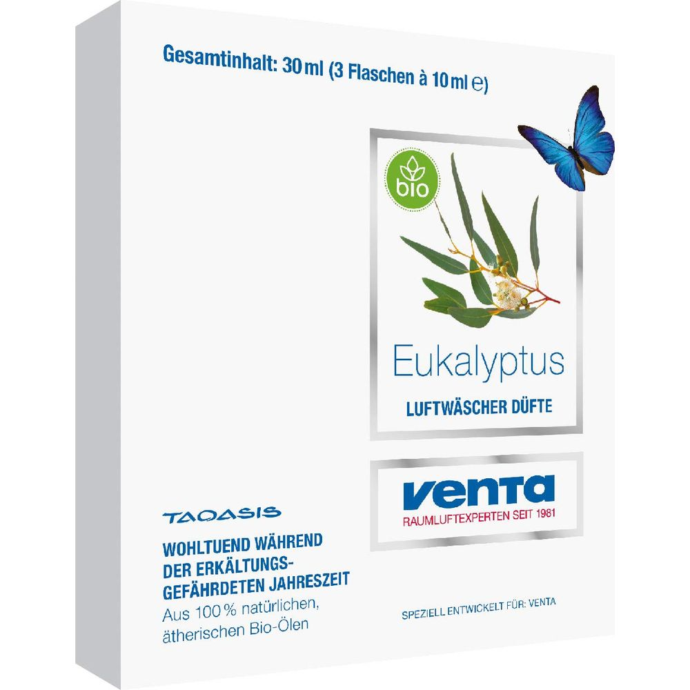 Verpackung für Eukalyptus-Lufterfrischer mit Schmetterling und Blattmotiv.