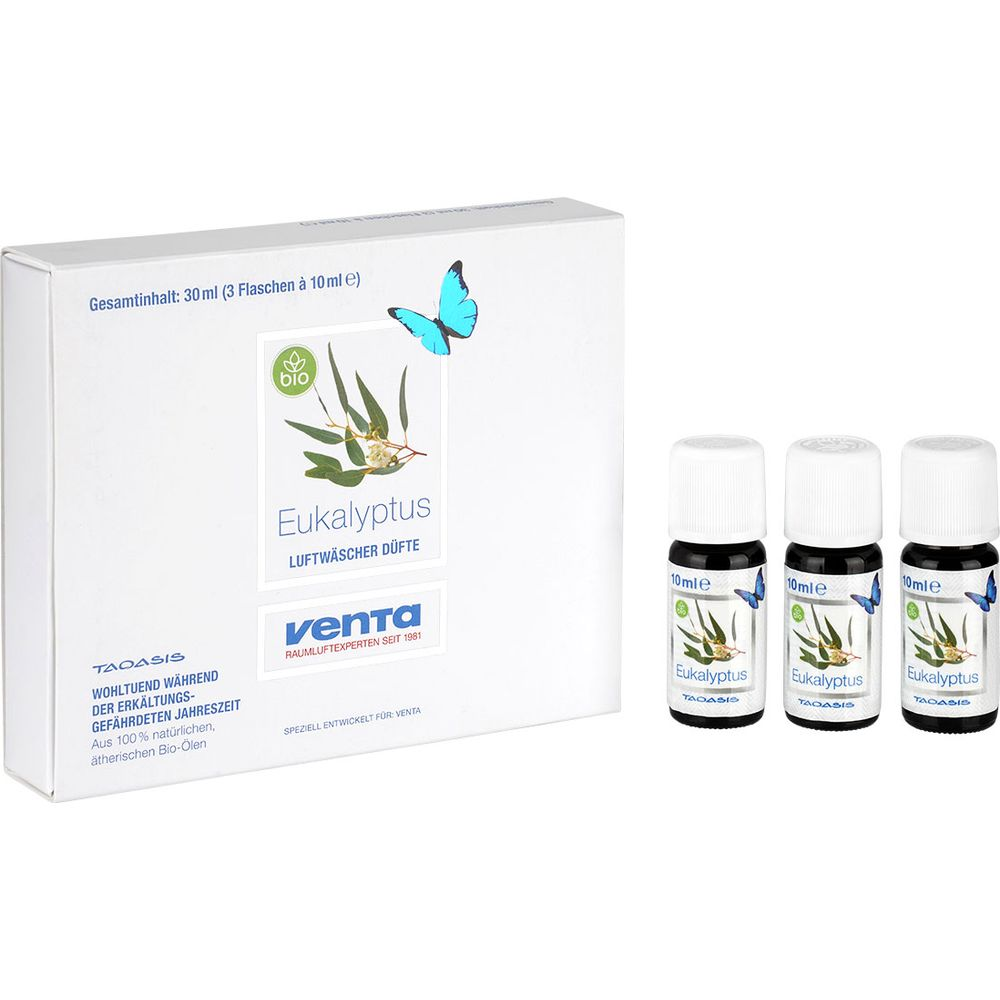 Box mit drei 10ml Flaschen Eukalyptusöl für Lufterfrischer und eine Box.