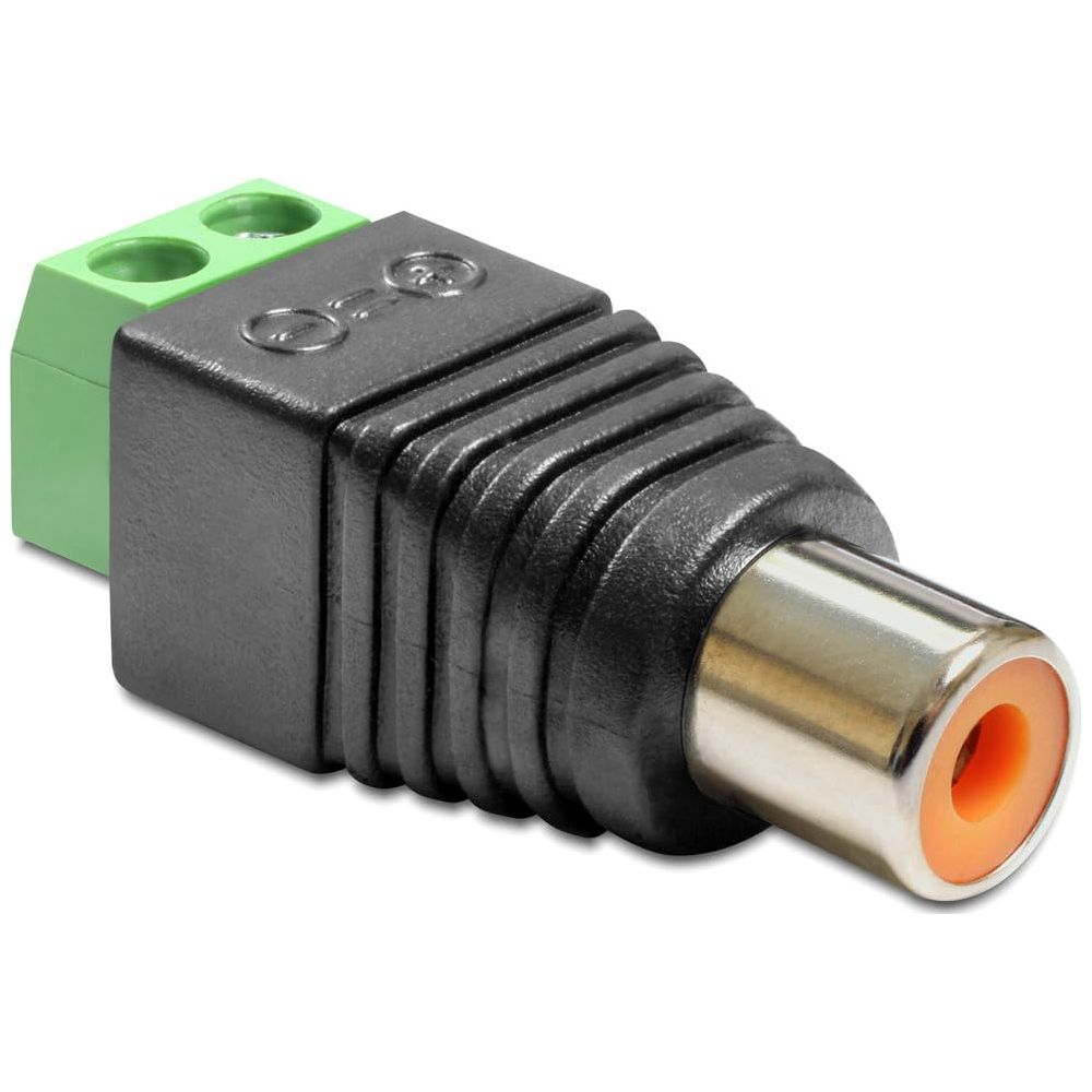 Een zwarte RCA-adapter met groene schroefklemmen en een oranje binnenkant.