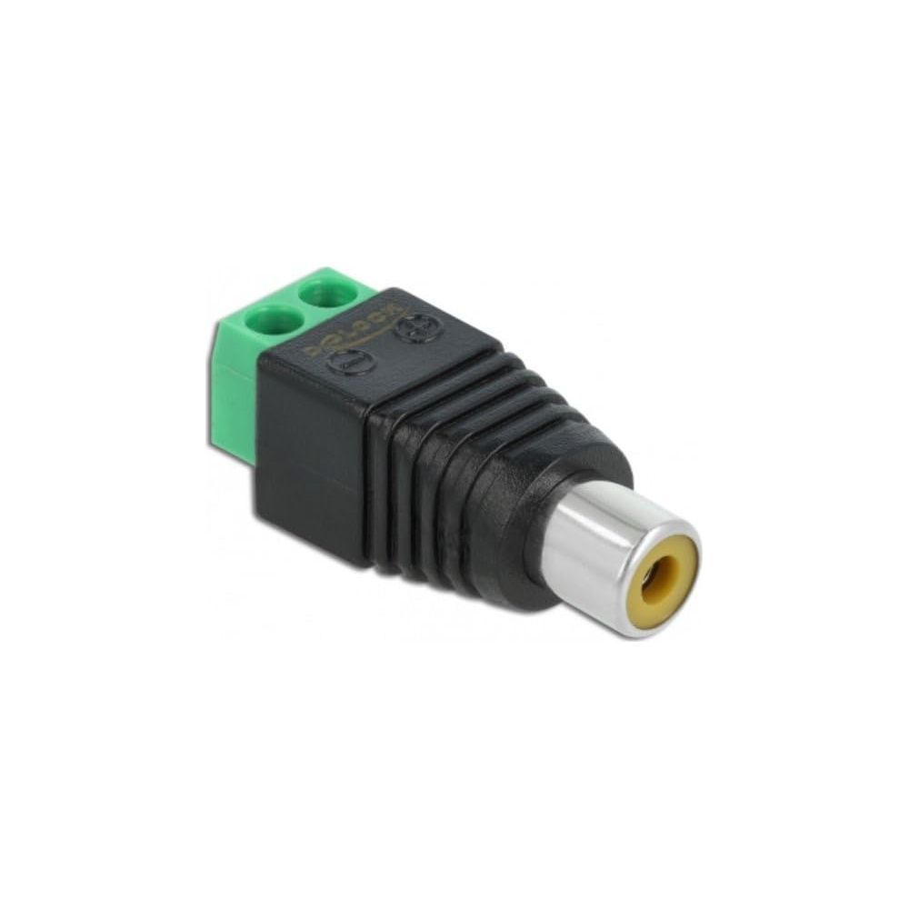 Een zwarte RCA-adapter met groene schroefklemmen en een zilveren connector-uiteinde.