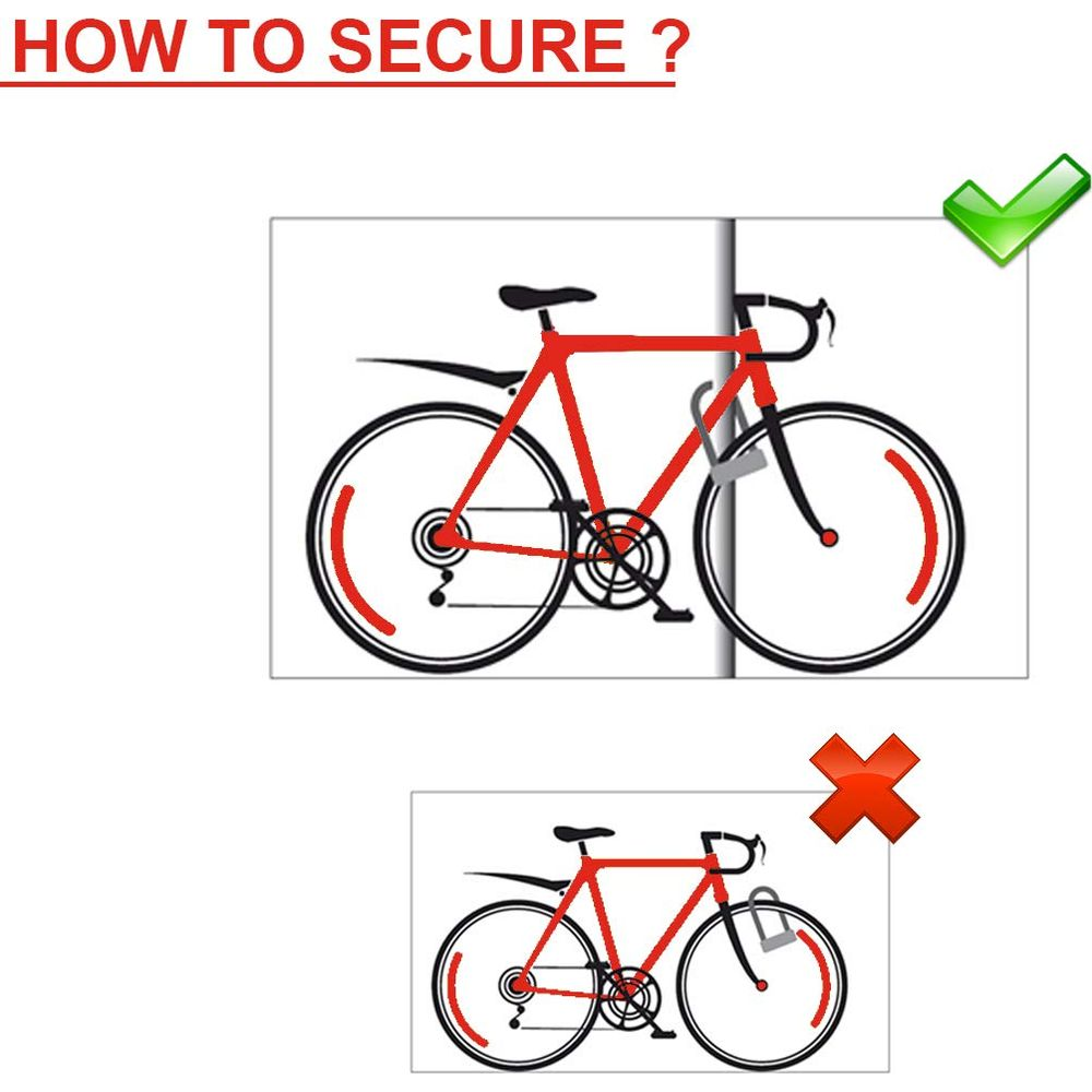 Rot-blaues Fahrrad mit Schloss. Oben ist es gesichert, unten nicht. Ein Haken und ein Kreuz.