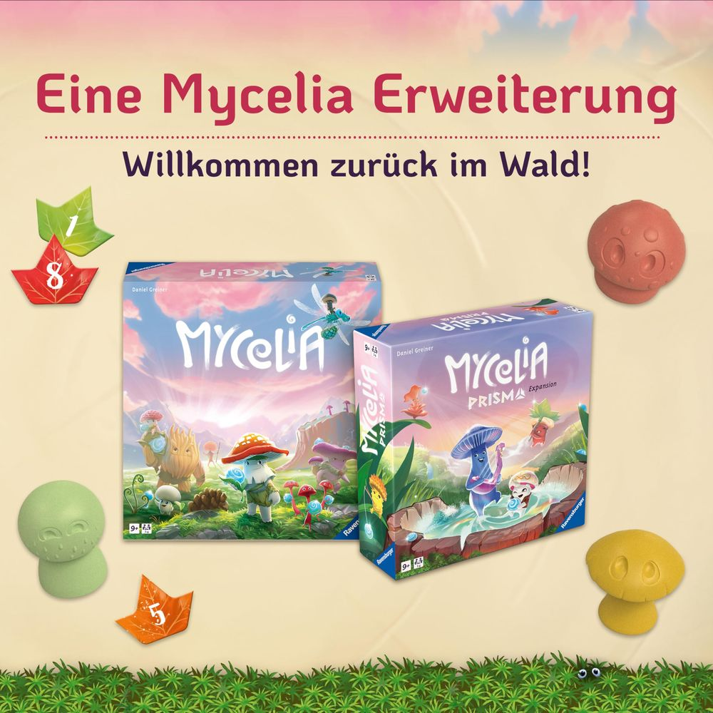 Due scatole di giochi da tavolo e figure di funghi sull'erba verde. Una scatola dice Mycelia.