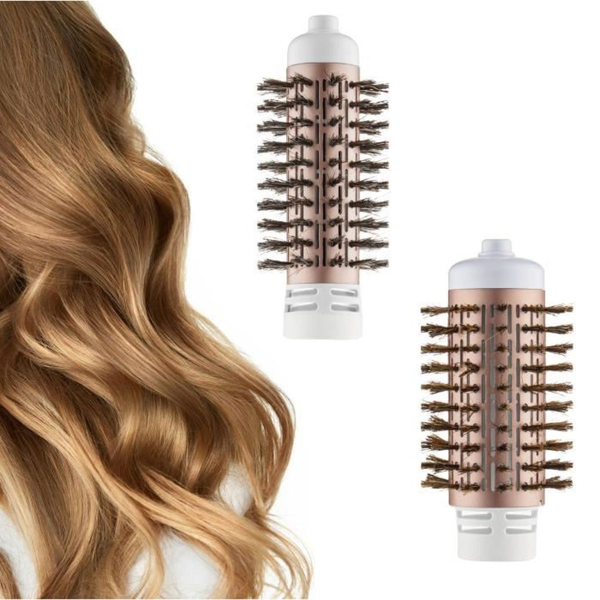 Eine blonde Haarsträhne und zwei rotgoldene Bürstenaufsätze mit weißen Griffen.