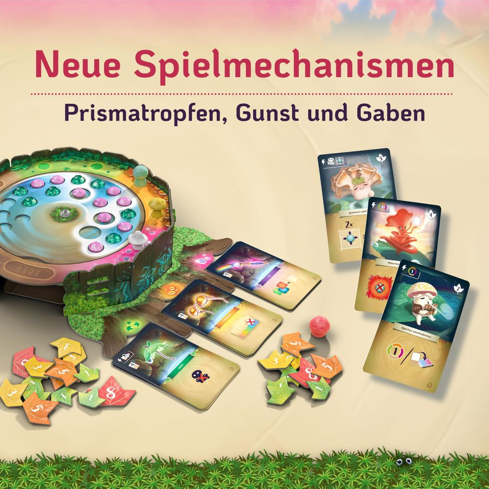 Gioco da tavolo con funghi, carte e pezzi colorati su sfondo verde.