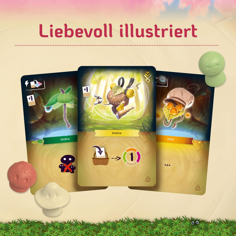 Tre carte con personaggi fantasy illustrati e segnalini di gioco.