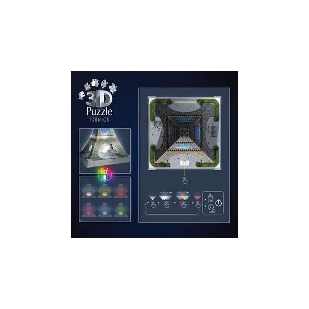 Rompecabezas 3D Torre Eiffel con luces LED e instrucciones.
