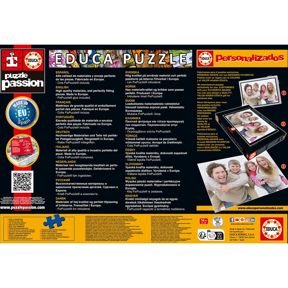 Emballage Educa Puzzle avec images de puzzles et descriptions multilingues.
