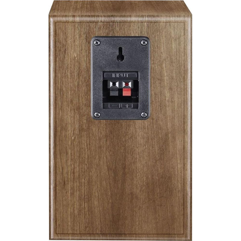 Tył brązowego głośnika drewnianego z czarnym panelem wejściowym.