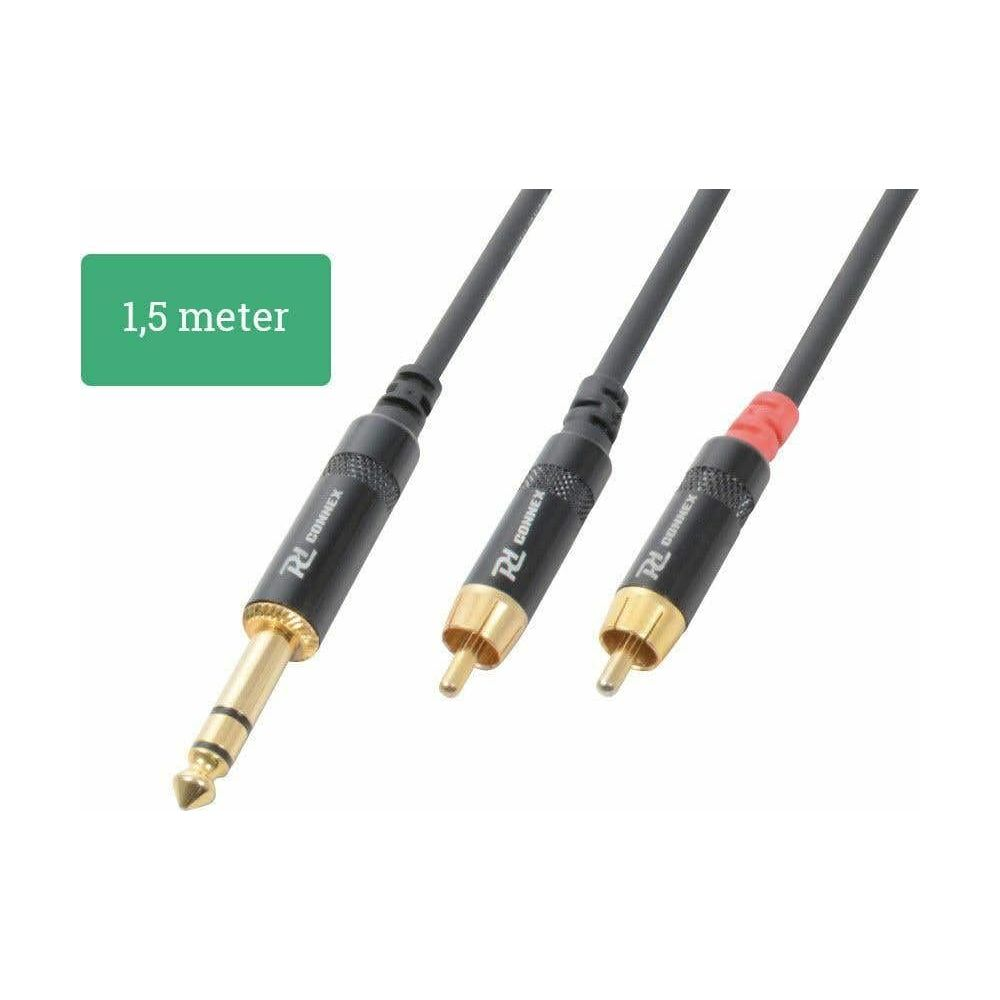 Tres cables de audio con conectores diferentes y etiqueta de 1,5 metros.