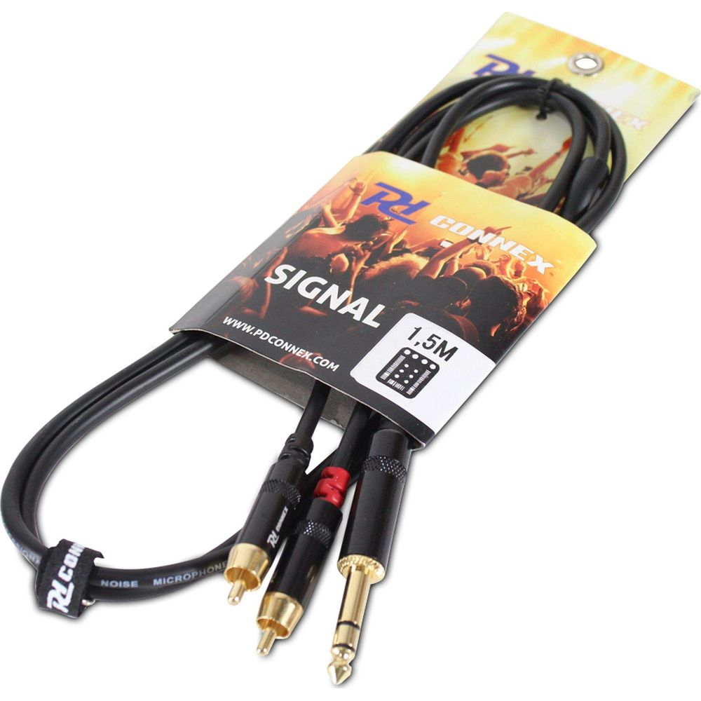 Cable de audio negro con tres conectores, 1,5m de largo, en embalaje amarillo y negro.