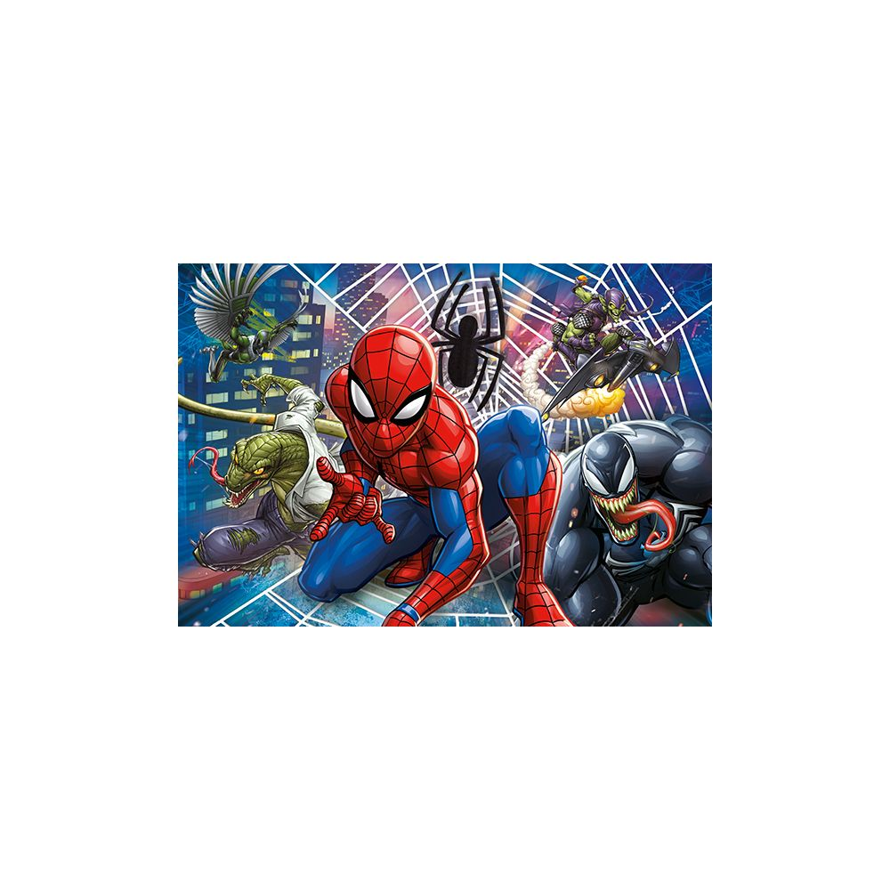 Spiderman, Venom, Lizard, Vulture i Green Goblin walczą na tle panoramy miasta.