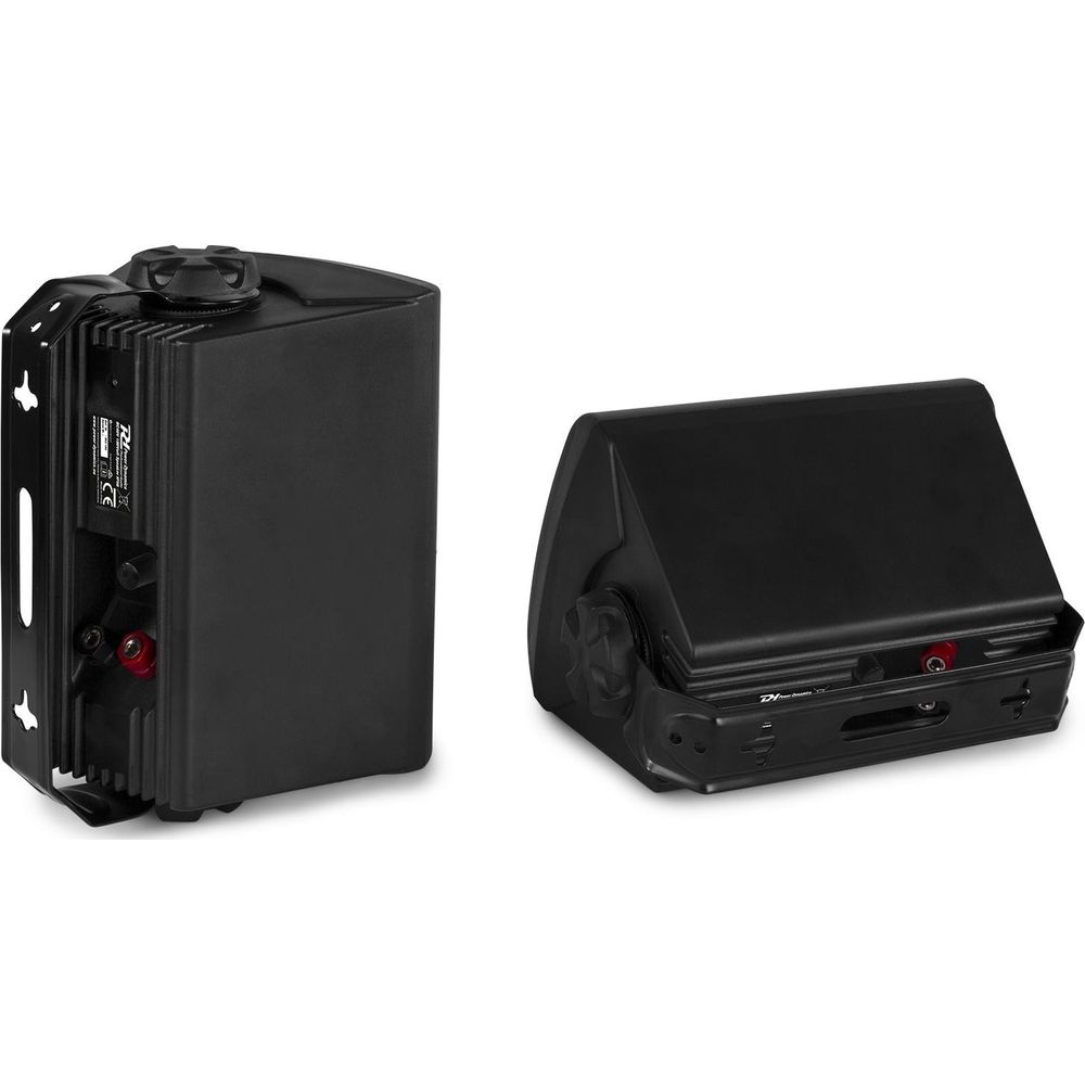 Dos cajas de altavoces negras sobre fondo blanco, una de lado, otra de frente.