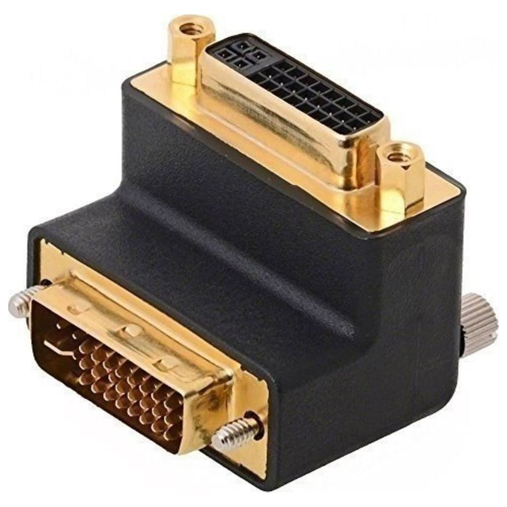 Een zwarte adapter met gouden DVI-connectoren, gebruikt voor verbindingen.