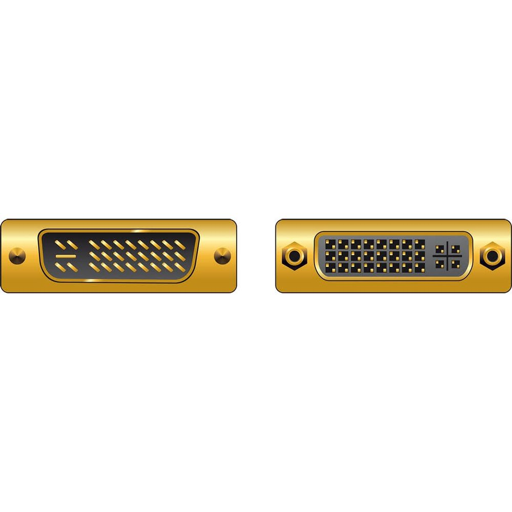 Twee gouden DVI-connectoren naast elkaar op een witte achtergrond.