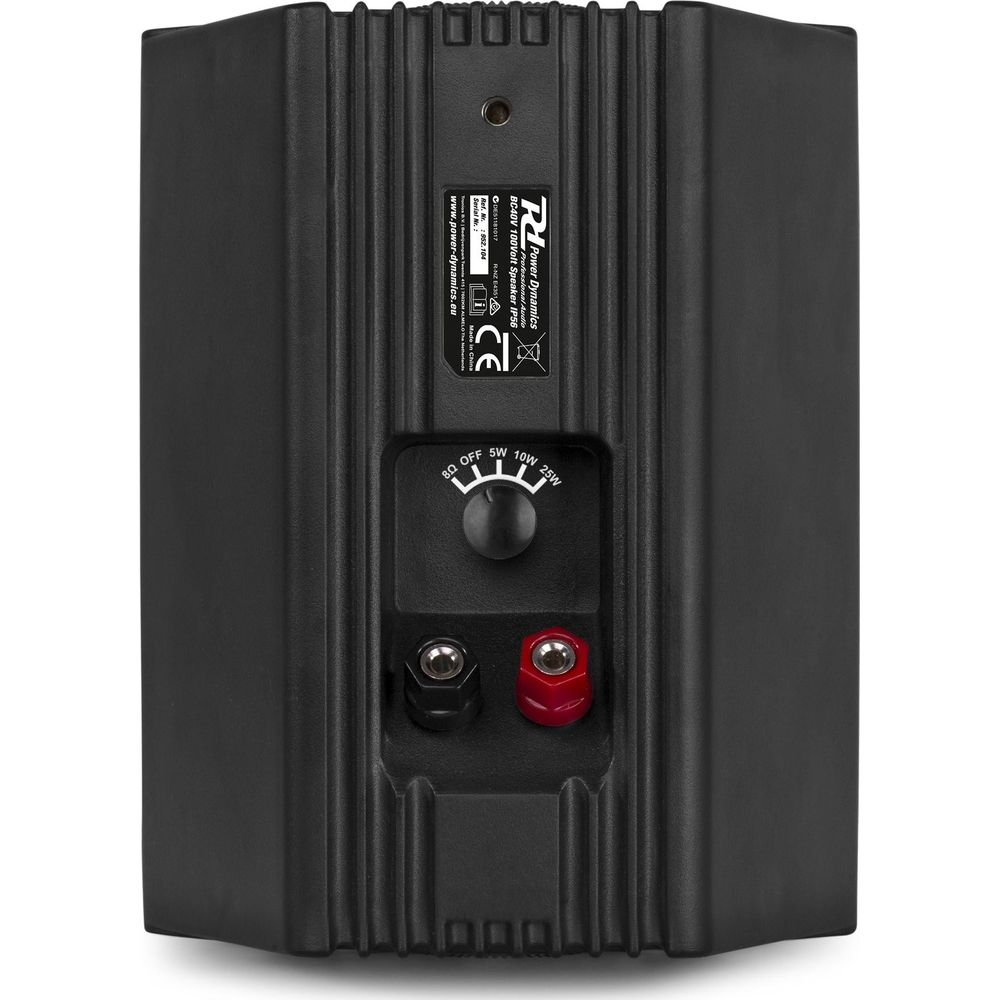 Altavoz negro con panel de conexión, mando selector y terminales.